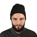 Black cuffed beanie with Fire Kanji Symbol (火) embroidered artwork, front view