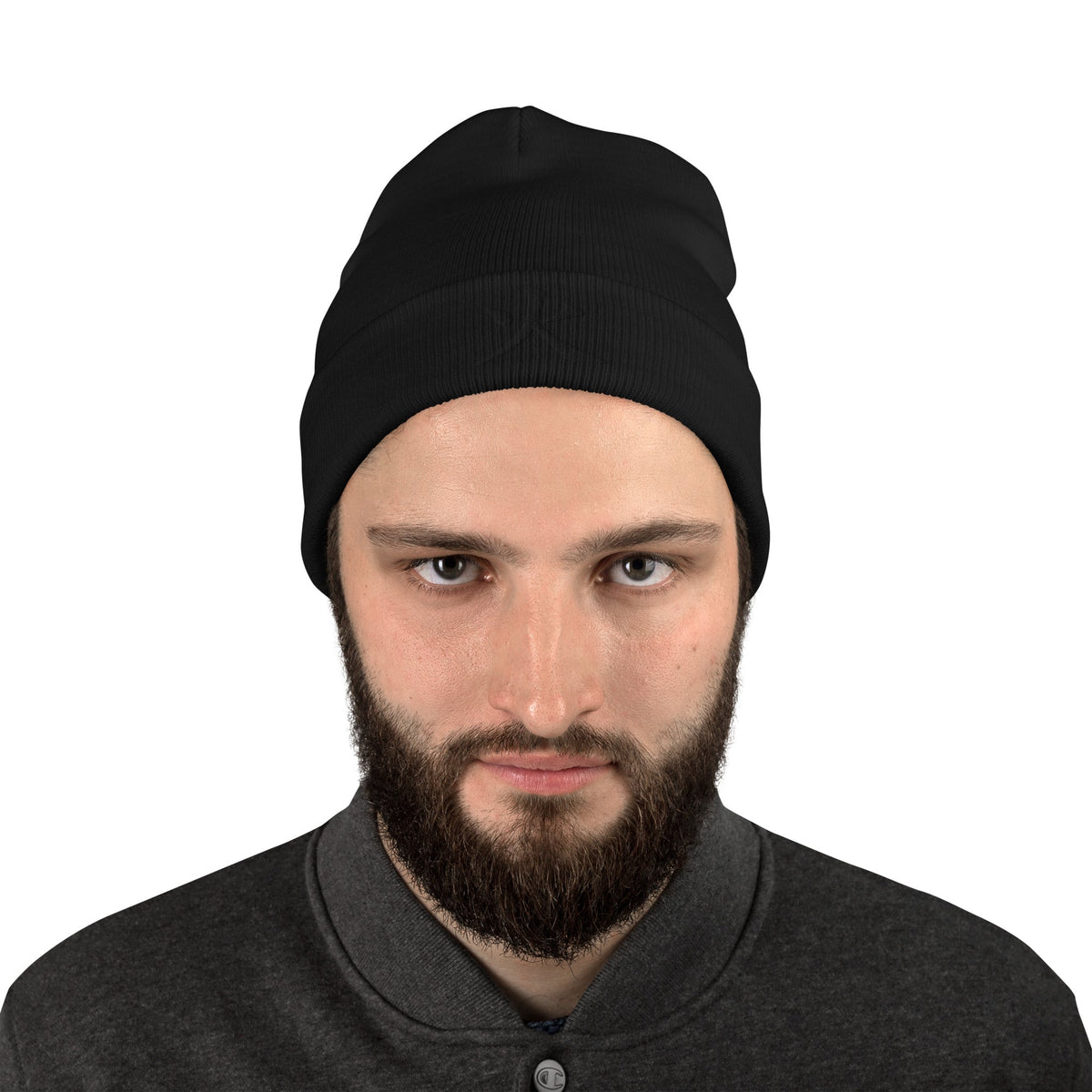 Black cuffed beanie with Fire Kanji Symbol (火) embroidered artwork, front view