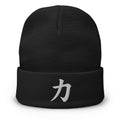 Black cuffed beanie with Japanese Kanji Power 力 embroidered artwork, front view