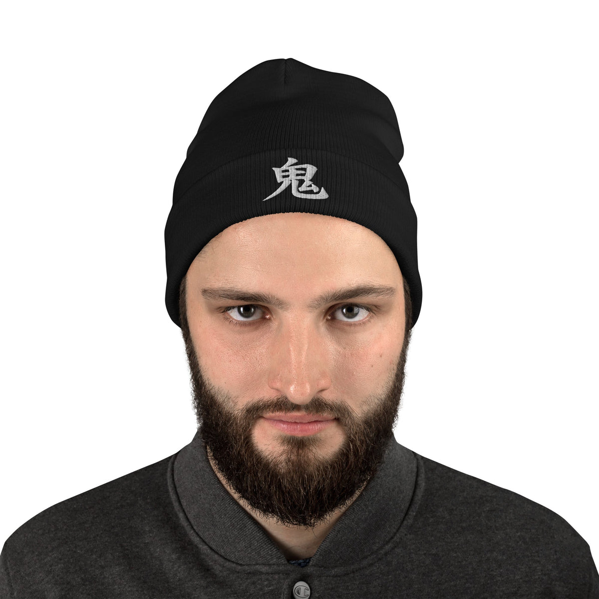 Black cuffed beanie with Japanese Kanji Demon 鬼 embroidered artwork, front view