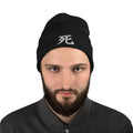 Black cuffed beanie with Japanese Kanji Death 死 embroidered artwork, front view
