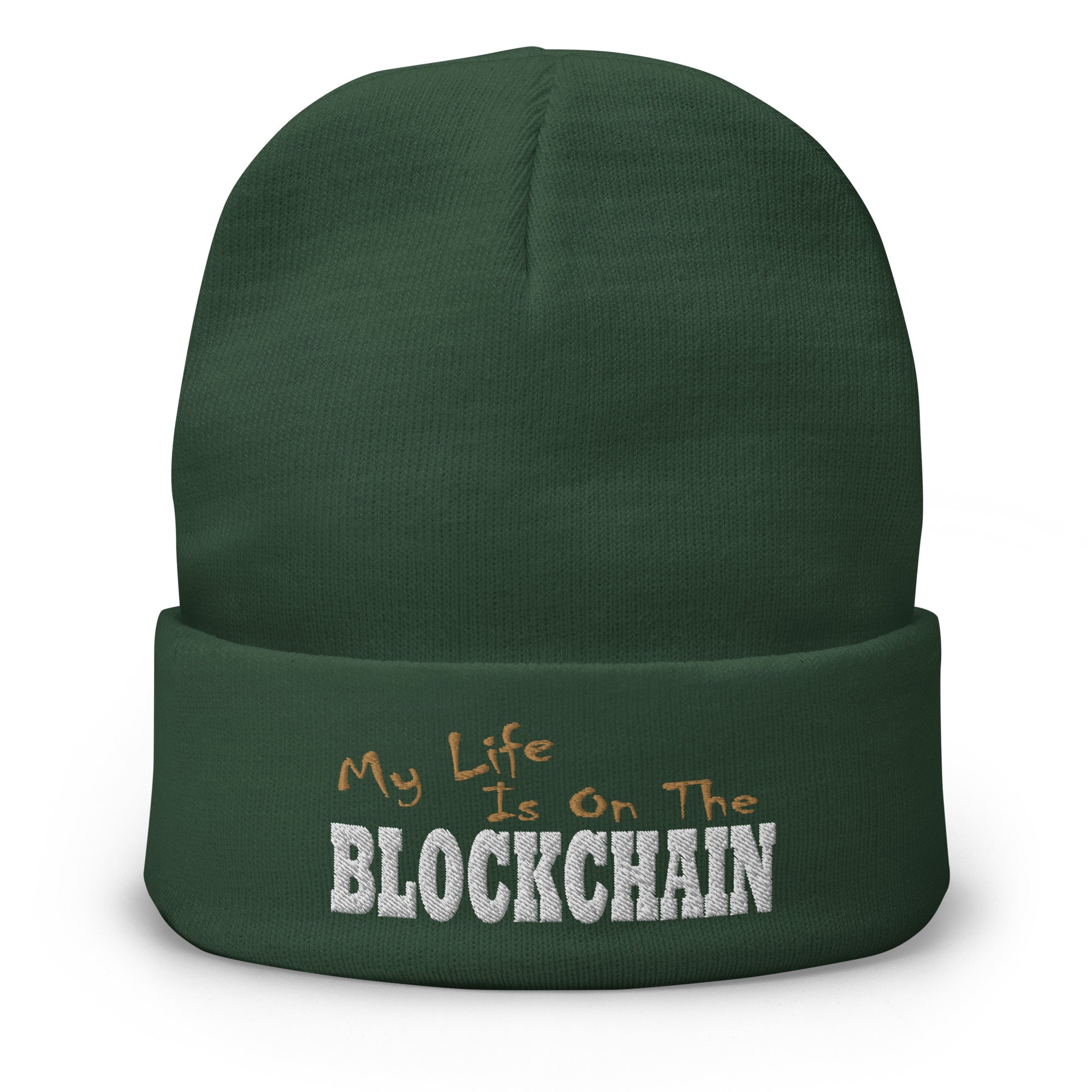 My Life is on the Blockchain Crypto Satire Bitcoin Embroidered Cuff Beanie Cap