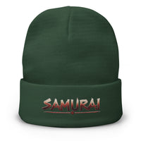 Green cuffed beanie with Samurai Warrior embroidered artwork, front view
