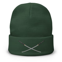 Green cuffed beanie with Dual Samurai Swords Warrior embroidered artwork, front view