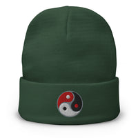 Green cuffed beanie with Triple Yin Yang Symbol embroidered artwork, front view