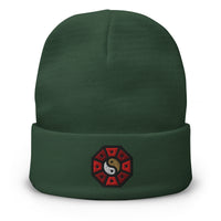 Green cuffed beanie with Yin Yang Wheel Cap embroidered artwork, front view