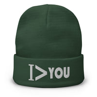 Green cuffed beanie with I Am Greater > Than You embroidered artwork, front view