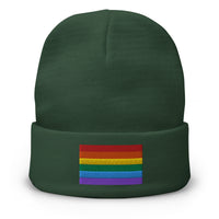 Green cuffed beanie with LGBTQ+ Pride Rainbow embroidered artwork, front view