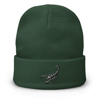Green cuffed beanie with Scorpion Sting embroidered artwork, front view