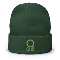 Green cuffed beanie with Green Viking Troll Cross embroidered artwork, front view