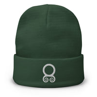 Green cuffed beanie with White Viking Troll Cross embroidered artwork, front view
