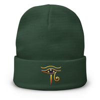 Green cuffed beanie with Eye of Ra embroidered artwork, front view