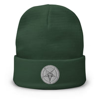 Green cuffed beanie with White Baphomet Sigil embroidered artwork, front view