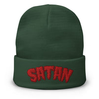 Green cuffed beanie with Satan Blood Drip embroidered artwork, front view