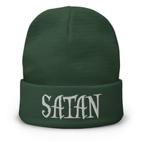 Green cuffed beanie with White Satan Pure Evil embroidered artwork, front view