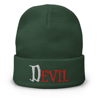 Green cuffed beanie with The Devil Is Evil embroidered artwork, front view