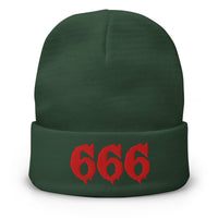 Green cuffed beanie with Red 666 embroidered artwork, front view