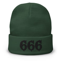 Green cuffed beanie with Black 666 embroidered artwork, front view