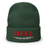 Green cuffed beanie with Hell Is Where The Heart Is embroidered artwork, front view