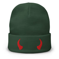 Green cuffed beanie with Red Devil Horns embroidered artwork, front view