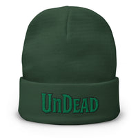 Green cuffed beanie with Undead Zombie Horror embroidered artwork, front view
