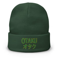 Green cuffed beanie with Otaku オタク embroidered artwork, front view