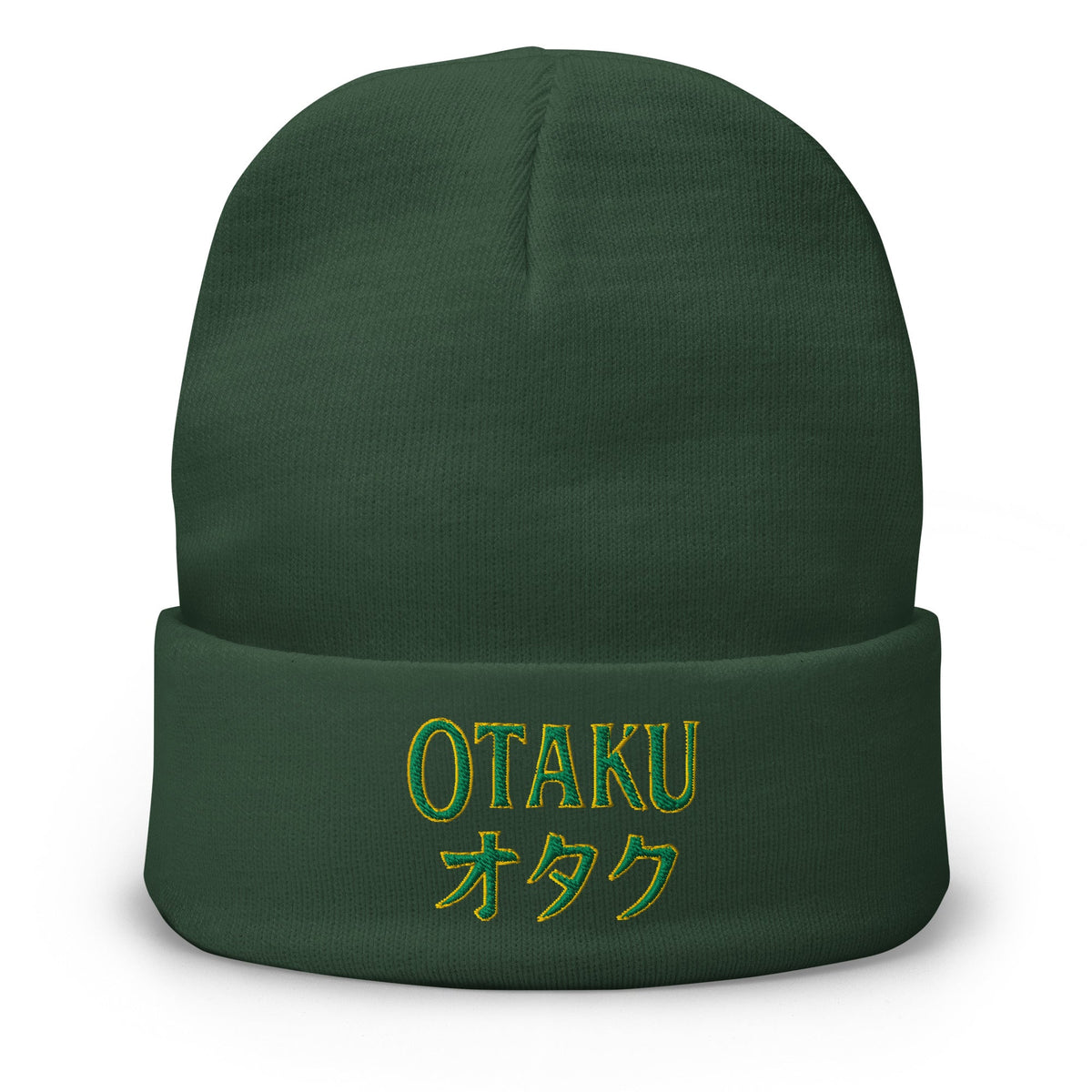 Green cuffed beanie with Otaku オタク embroidered artwork, front view