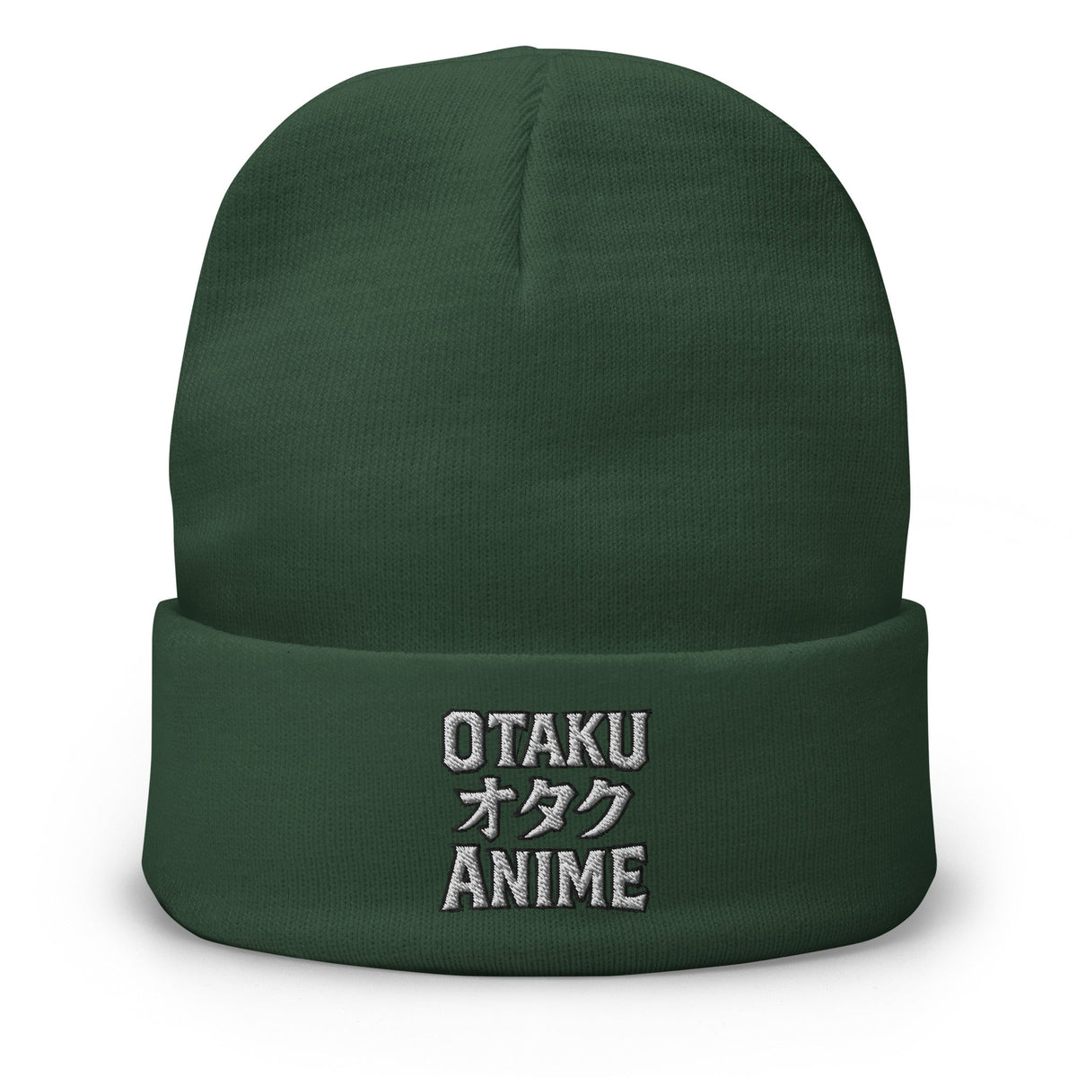 Green cuffed beanie with Otaku オタク Anime embroidered artwork, front view