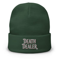 Green cuffed beanie with Death Dealer embroidered artwork, front view