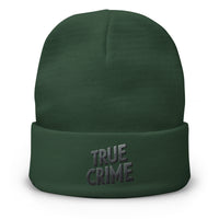 Green cuffed beanie with Detective Style True Crime embroidered artwork, front view