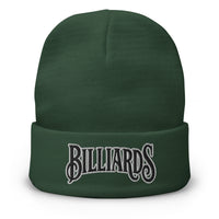 Green cuffed beanie with Billiards Pool Hall embroidered artwork, front view