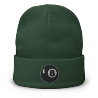Green cuffed beanie with Black 8 Ball Billiards embroidered artwork, front view