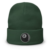 Green cuffed beanie with 8 Ball Billiards embroidered artwork, front view