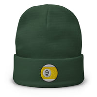 Green cuffed beanie with Nine Ball Line Billiards embroidered artwork, front view