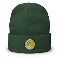 Green cuffed beanie with Nine Ball Billiards embroidered artwork, front view