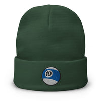 Green cuffed beanie with Ten Ball Billiards embroidered artwork, front view