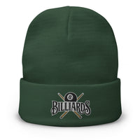Green cuffed beanie with Billiards 8 Ball embroidered artwork, front view