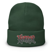 Green cuffed beanie with HORROR House of Horrors Blood Drip embroidered artwork, front view