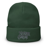 Green cuffed beanie with Future Corpse Horror Funeral embroidered artwork, front view