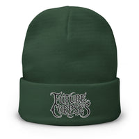 Green cuffed beanie with Future Corpses Horror embroidered artwork, front view