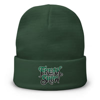 Green cuffed beanie with Freak Show Horror Carnival embroidered artwork, front view