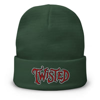 Green cuffed beanie with Twisted Horror Carnival embroidered artwork, front view
