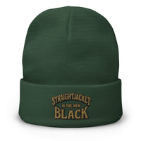 Green cuffed beanie with Straightjacket Is the New Black embroidered artwork, front view