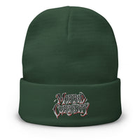Green cuffed beanie with Morbid Curiosity Horror embroidered artwork, front view