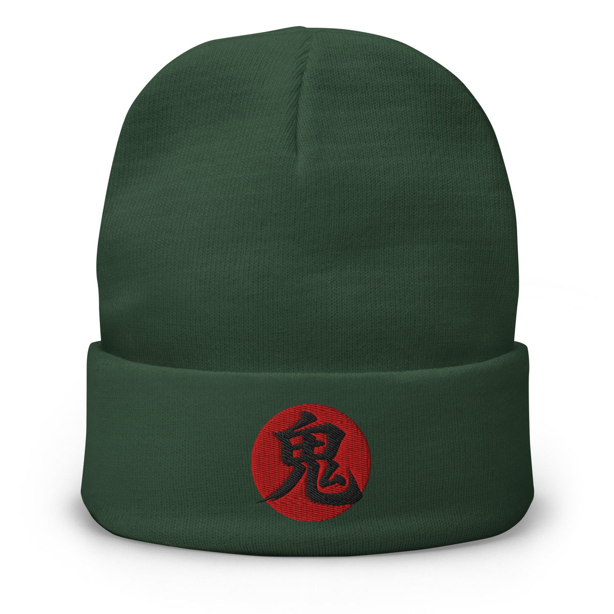 Green cuffed beanie with Demon Kanji 鬼 (Oni) embroidered artwork, front view
