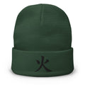 Green cuffed beanie with Fire Kanji Symbol (火) embroidered artwork, front view
