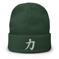 Green cuffed beanie with Japanese Kanji Power 力 embroidered artwork, front view