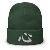 Green cuffed beanie with Japanese Kanji Heart 心 embroidered artwork, front view