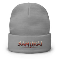 Gray cuffed beanie with Samurai Warrior embroidered artwork, front view