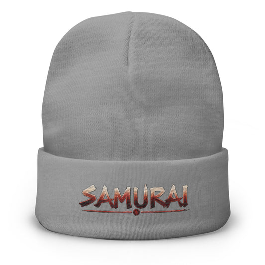 Gray cuffed beanie with Samurai Warrior embroidered artwork, front view